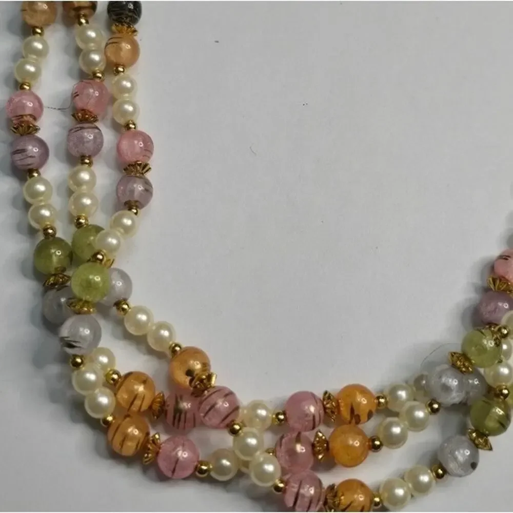 Treska Vintage Style Triple Strand Multicolor Faux Pearl Pastel Bead Necklace